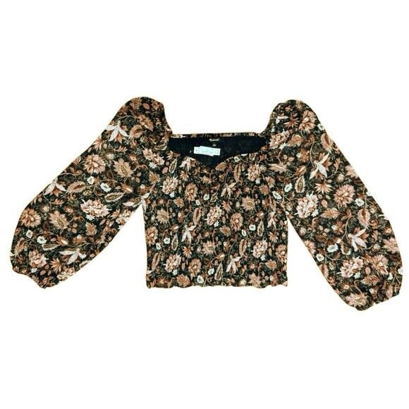 Madewell Lucie Floral Smocked Top Sheer Sleeves Crop Size L NWT - Picture 11 of 11